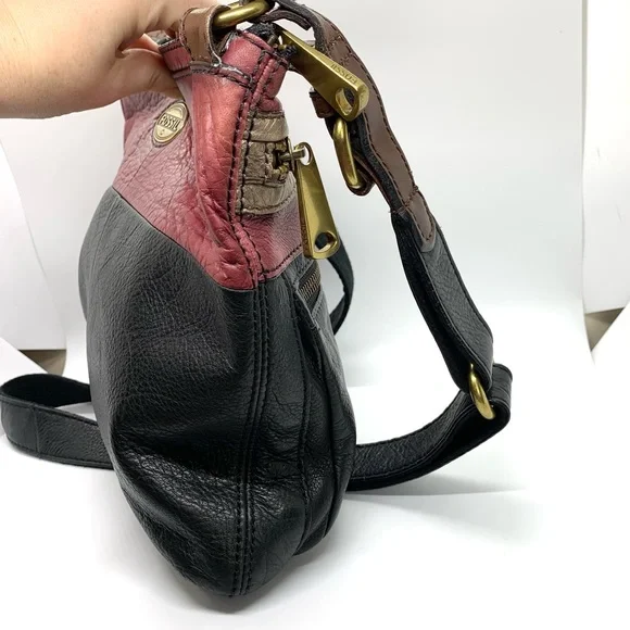 Vintage Fossil Black Burgundy Explorer Leather Patchwork Crossbody Bag - Picture 12 of 16